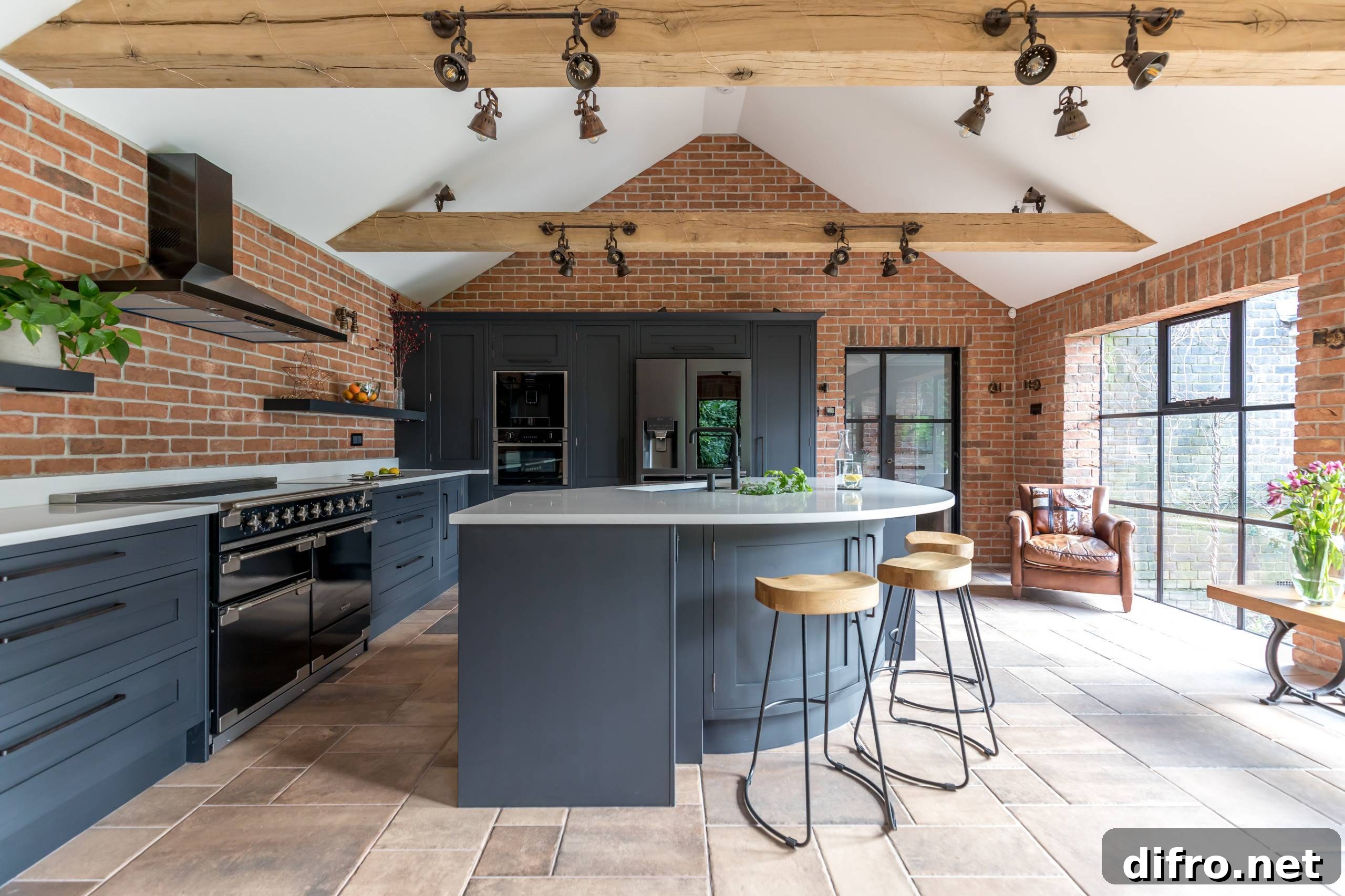 Modern industrial kitchen with exposed wooden beams