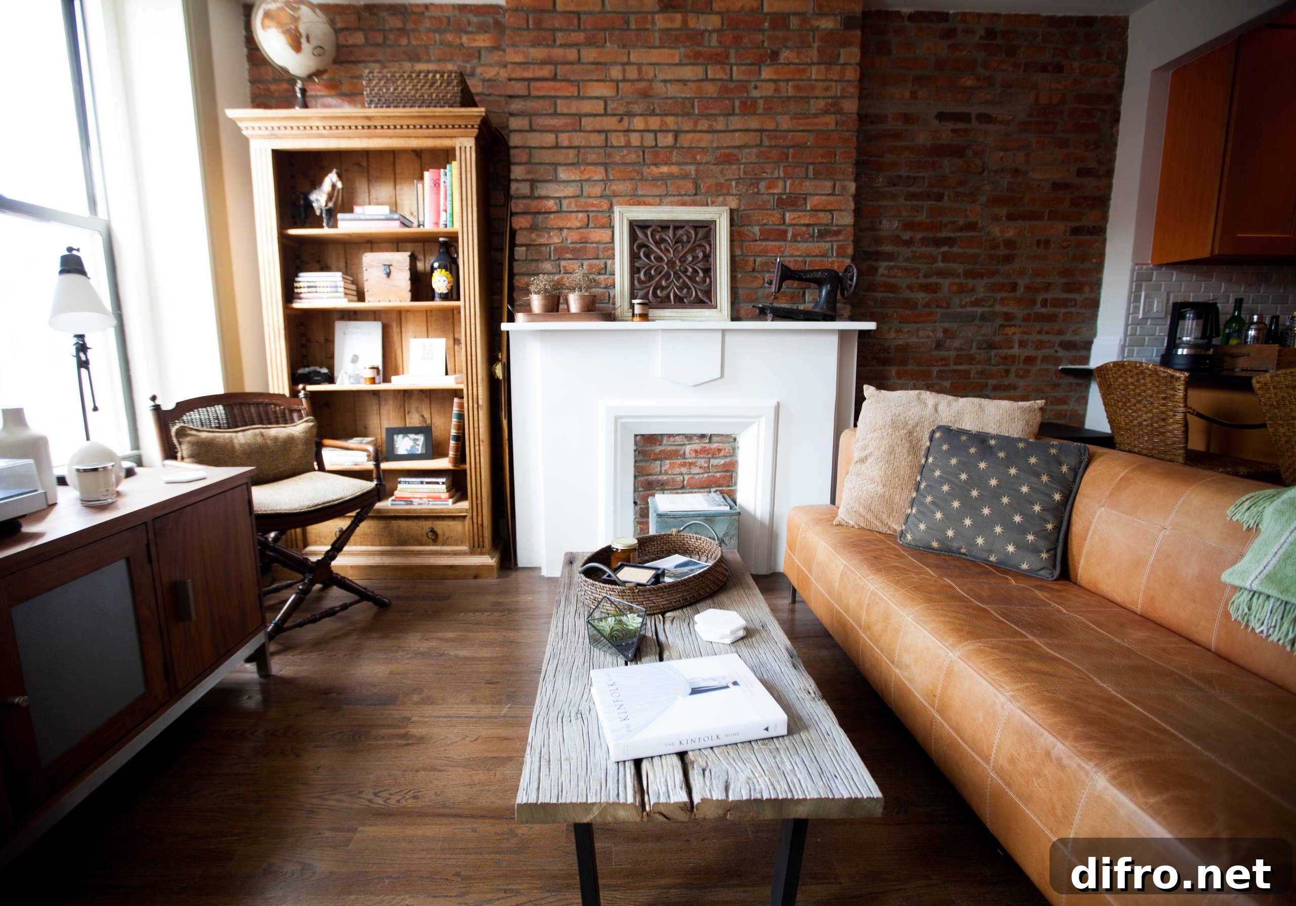 Rustic furniture against exposed brick
