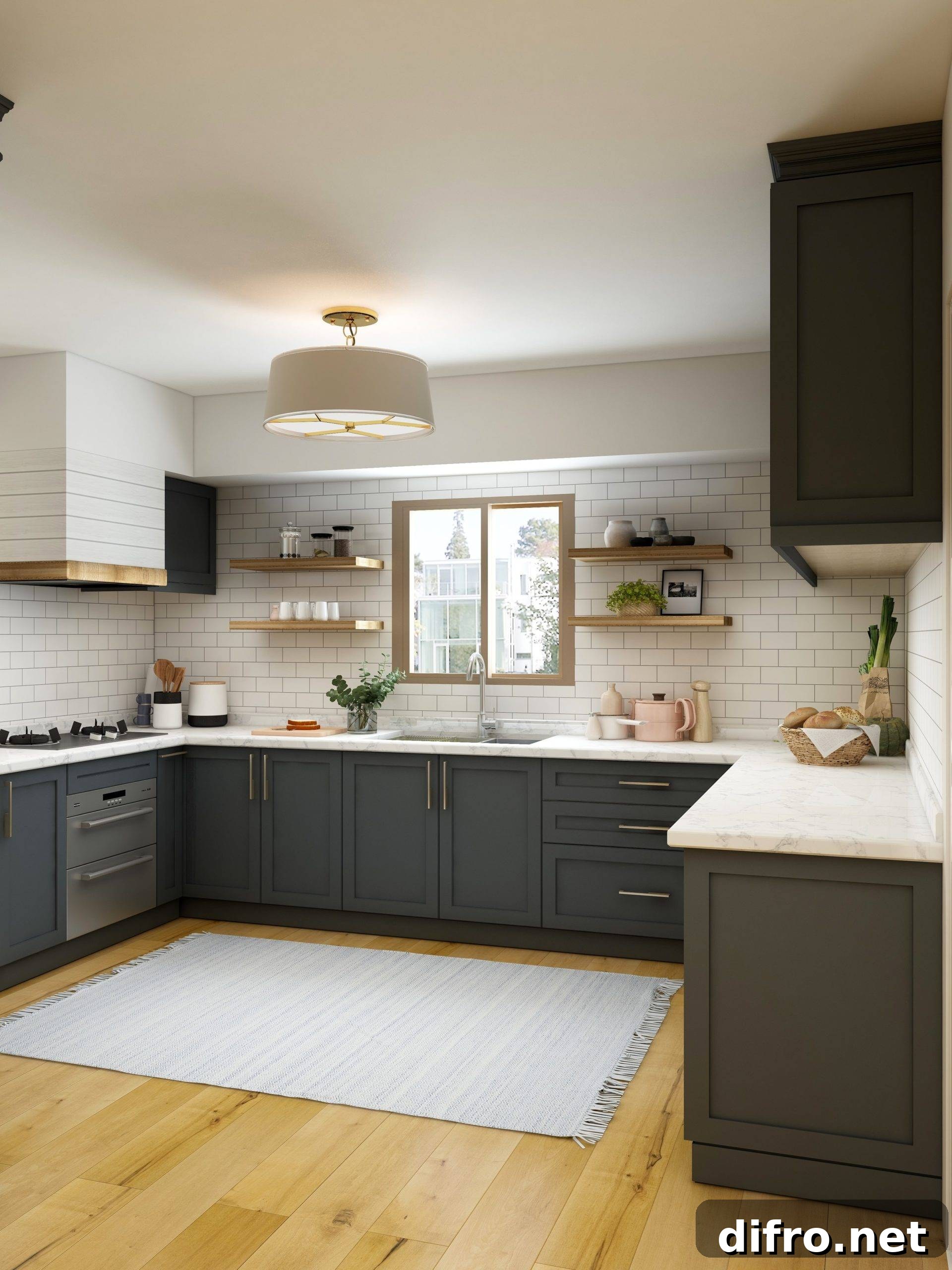 White countertop with dark cabinetry