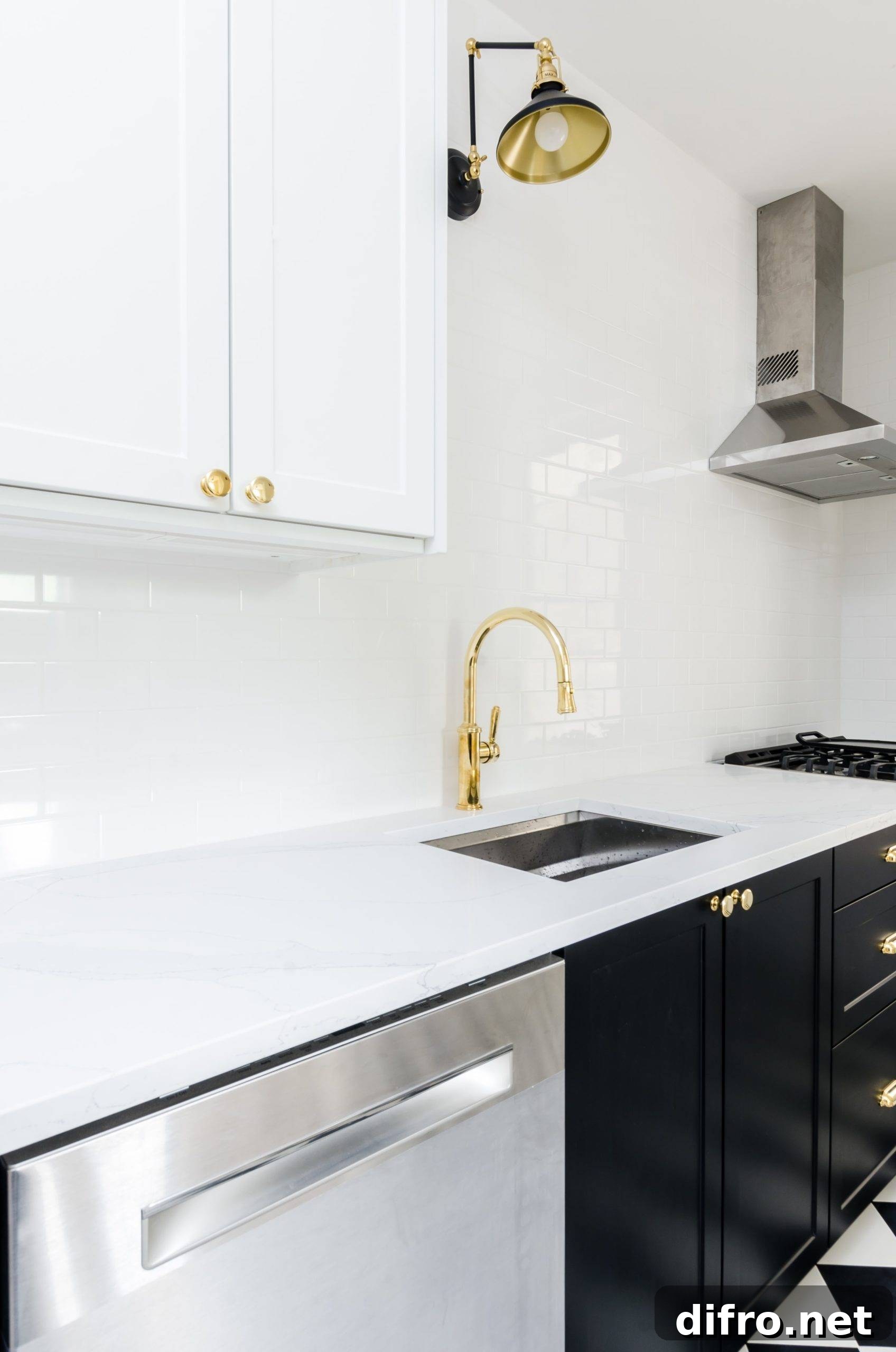 White worktop and charcoal cabinetry