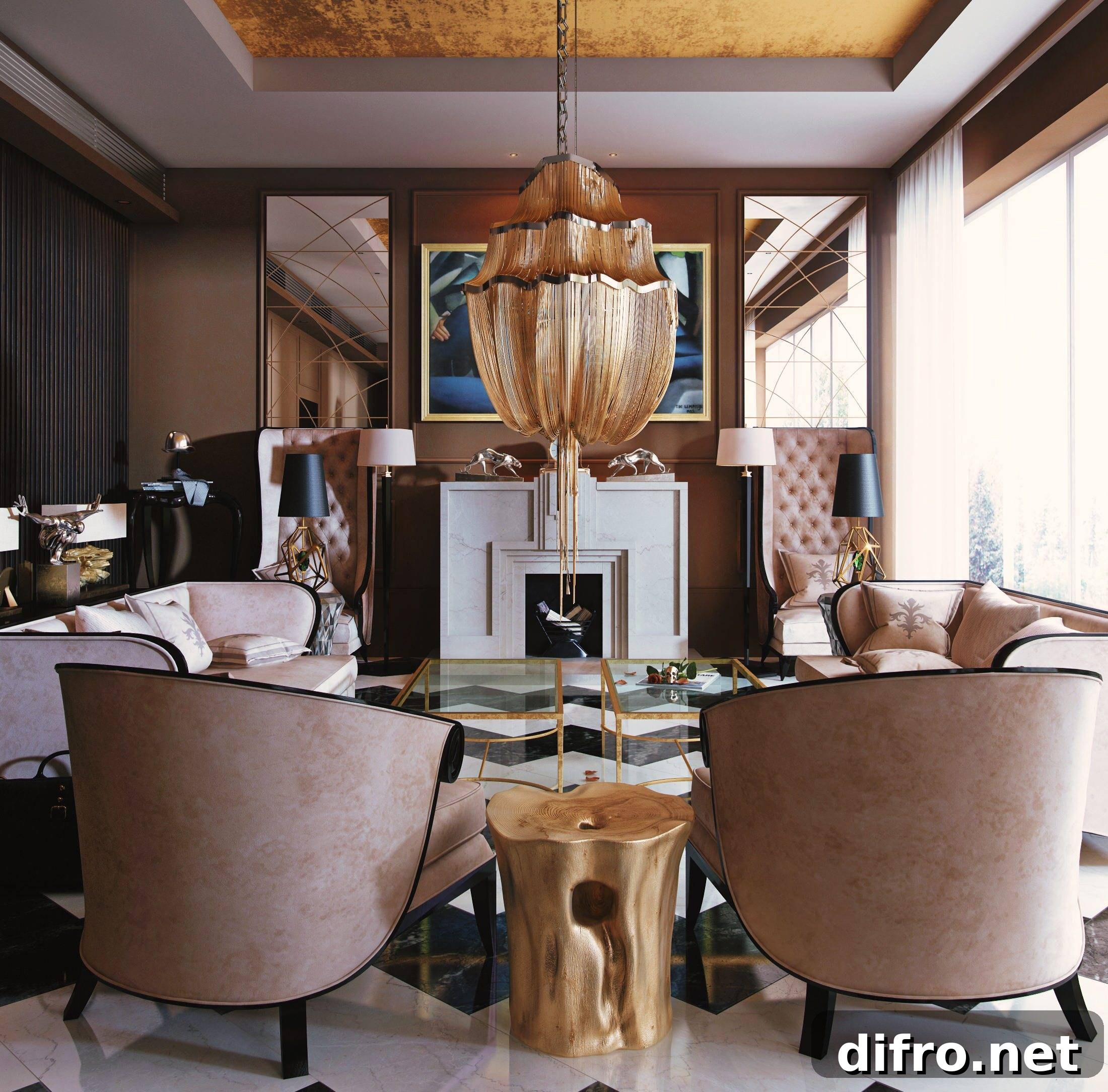 Art Deco living room with geometric motifs and polished finishes