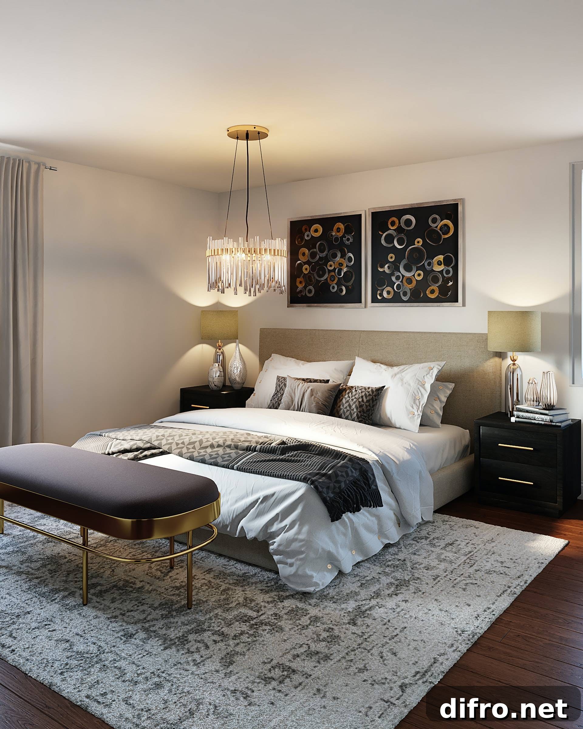 Luxurious bedroom with layered textiles and metallic accents