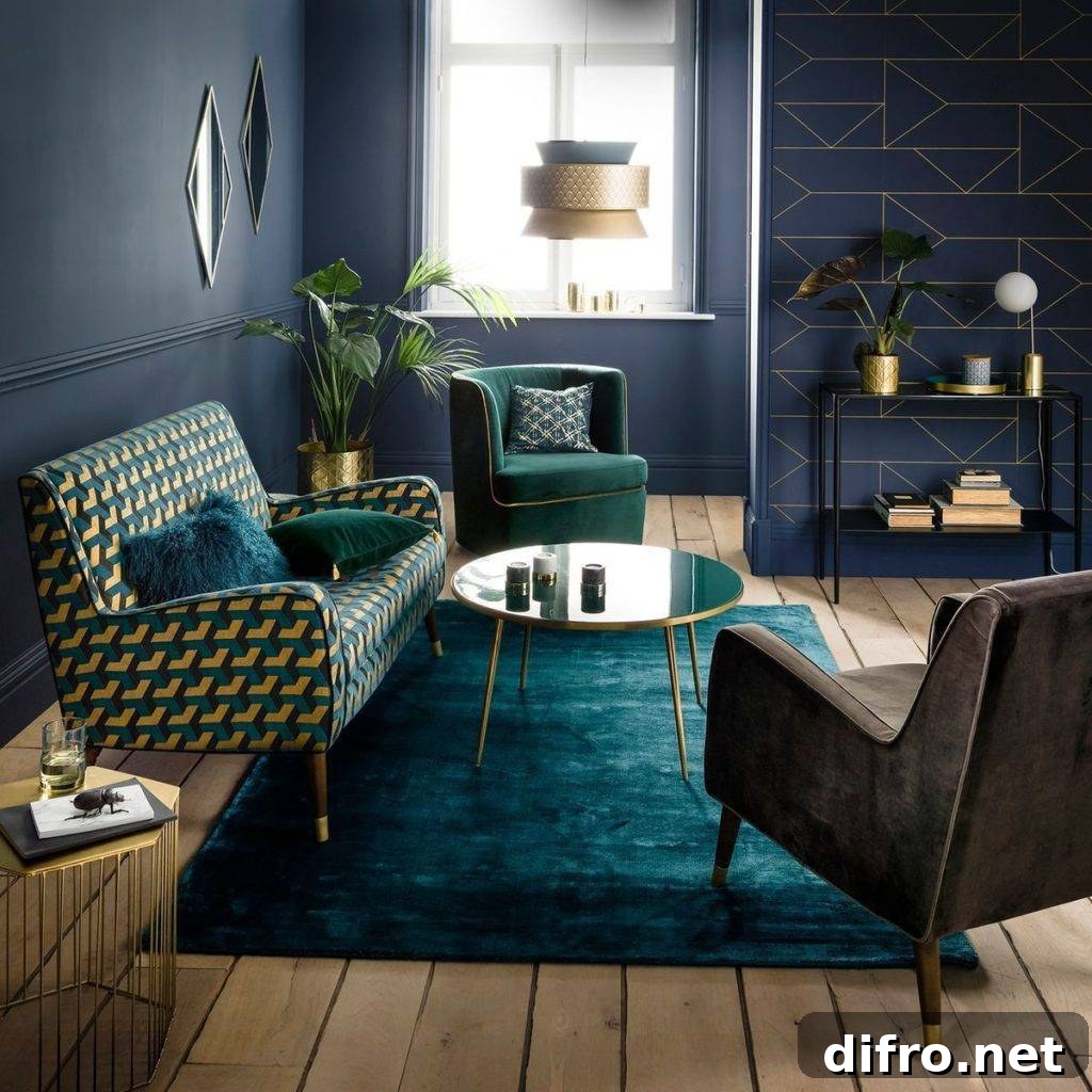 Living room in jewel tones with golden details