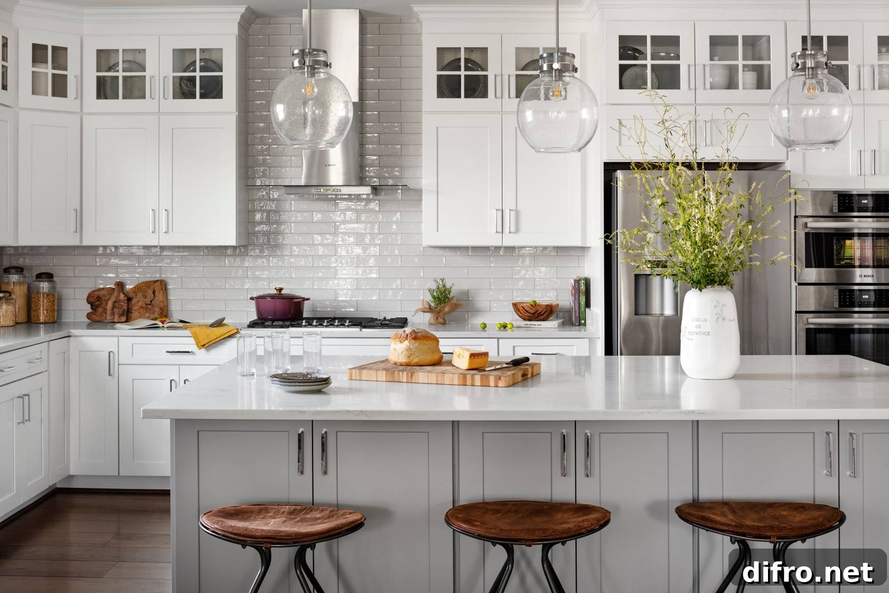 Modern farmhouse kitchen with glass orb pendant lights