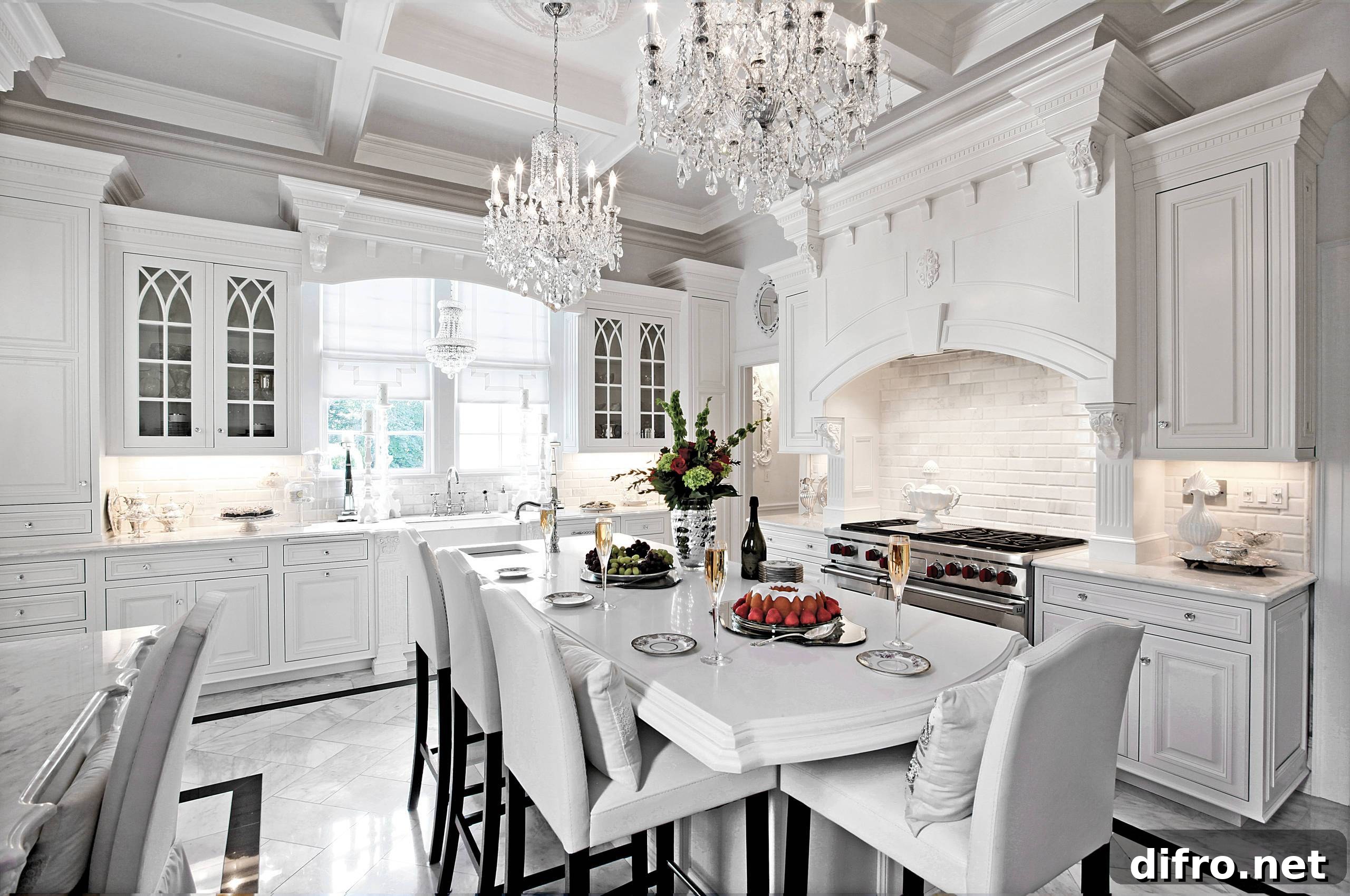 Traditional kitchen with an elegant crystal chandelier