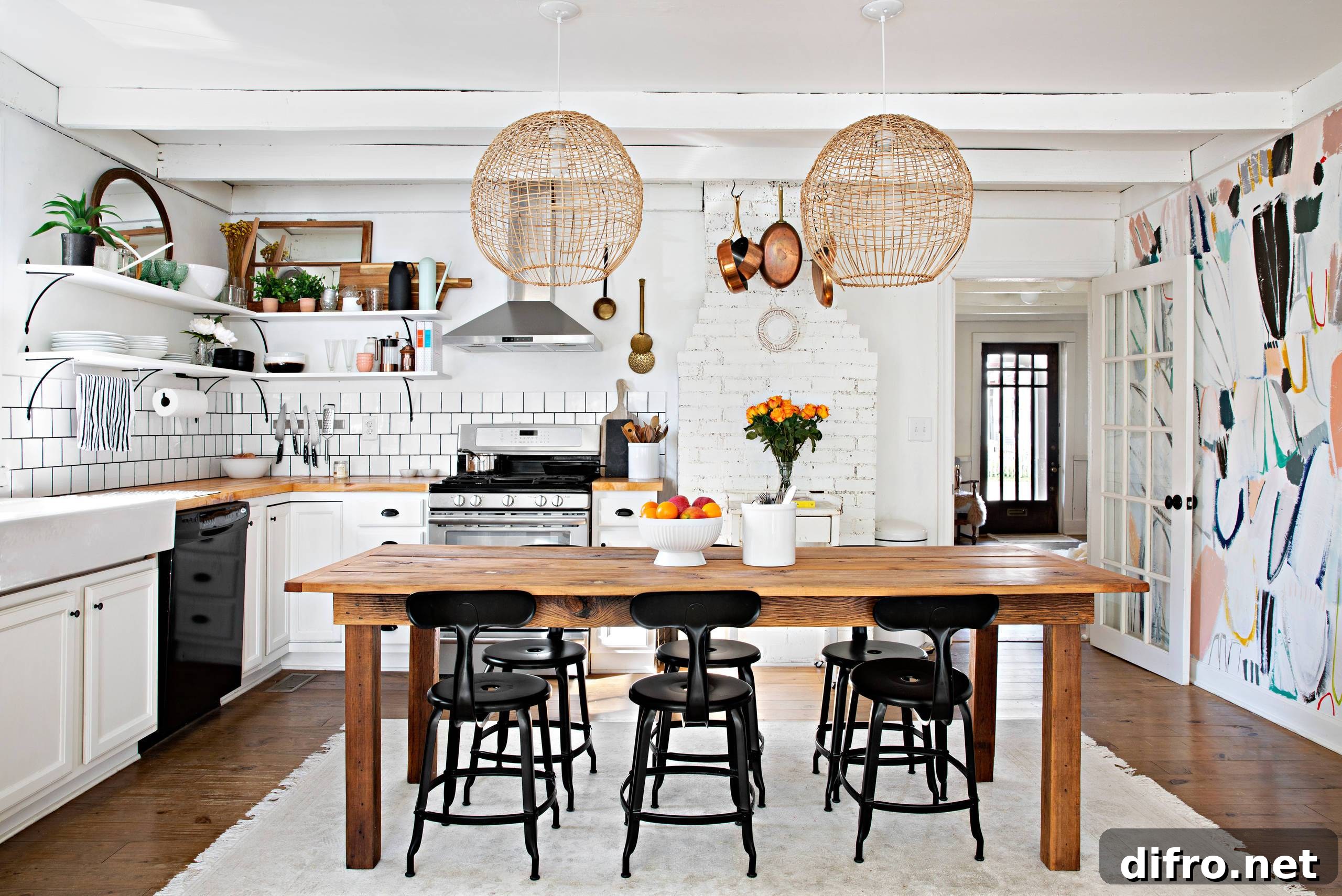 Eclectic kitchen featuring woven pendant lights