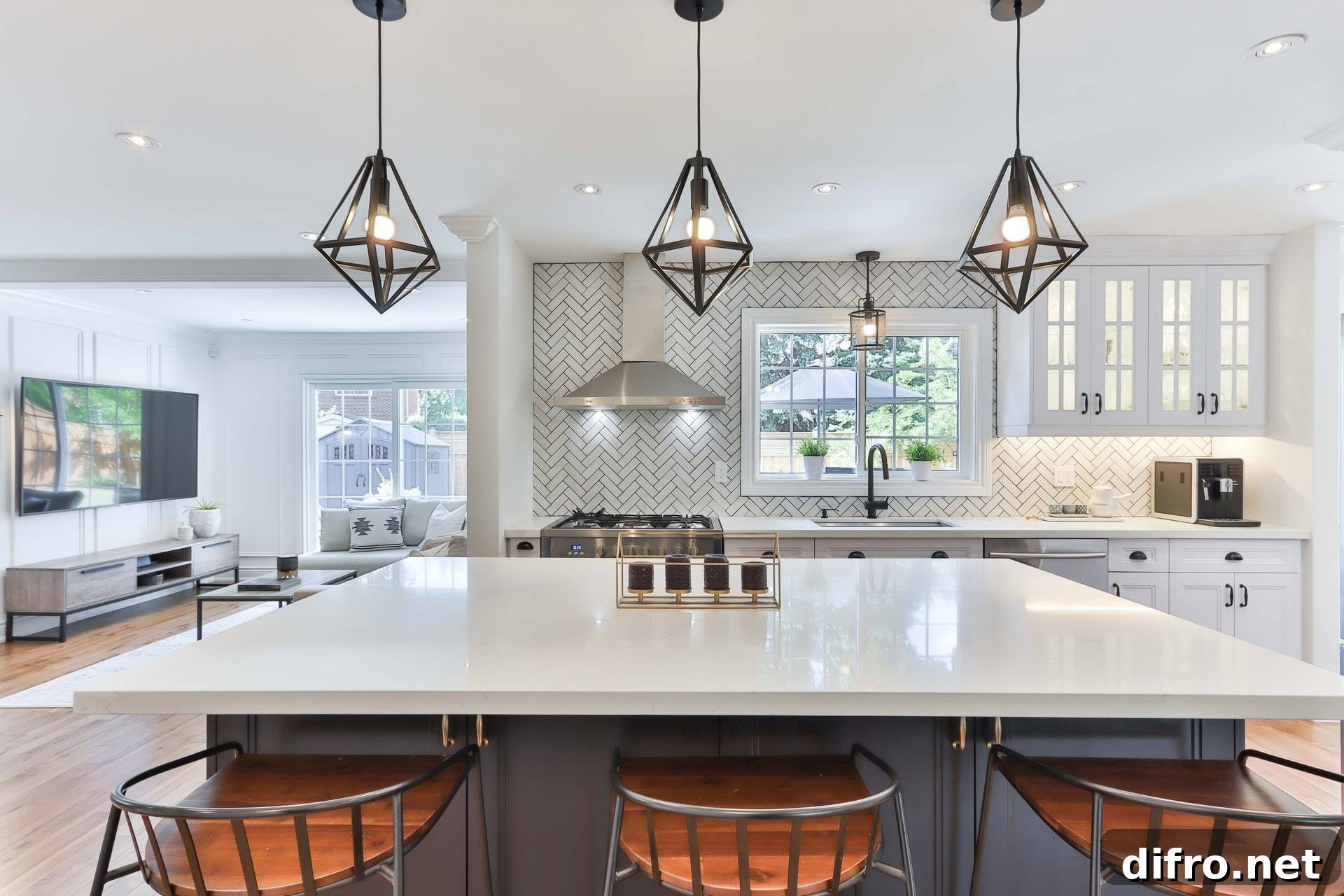 Modern kitchen with black geometric cage pendant lights