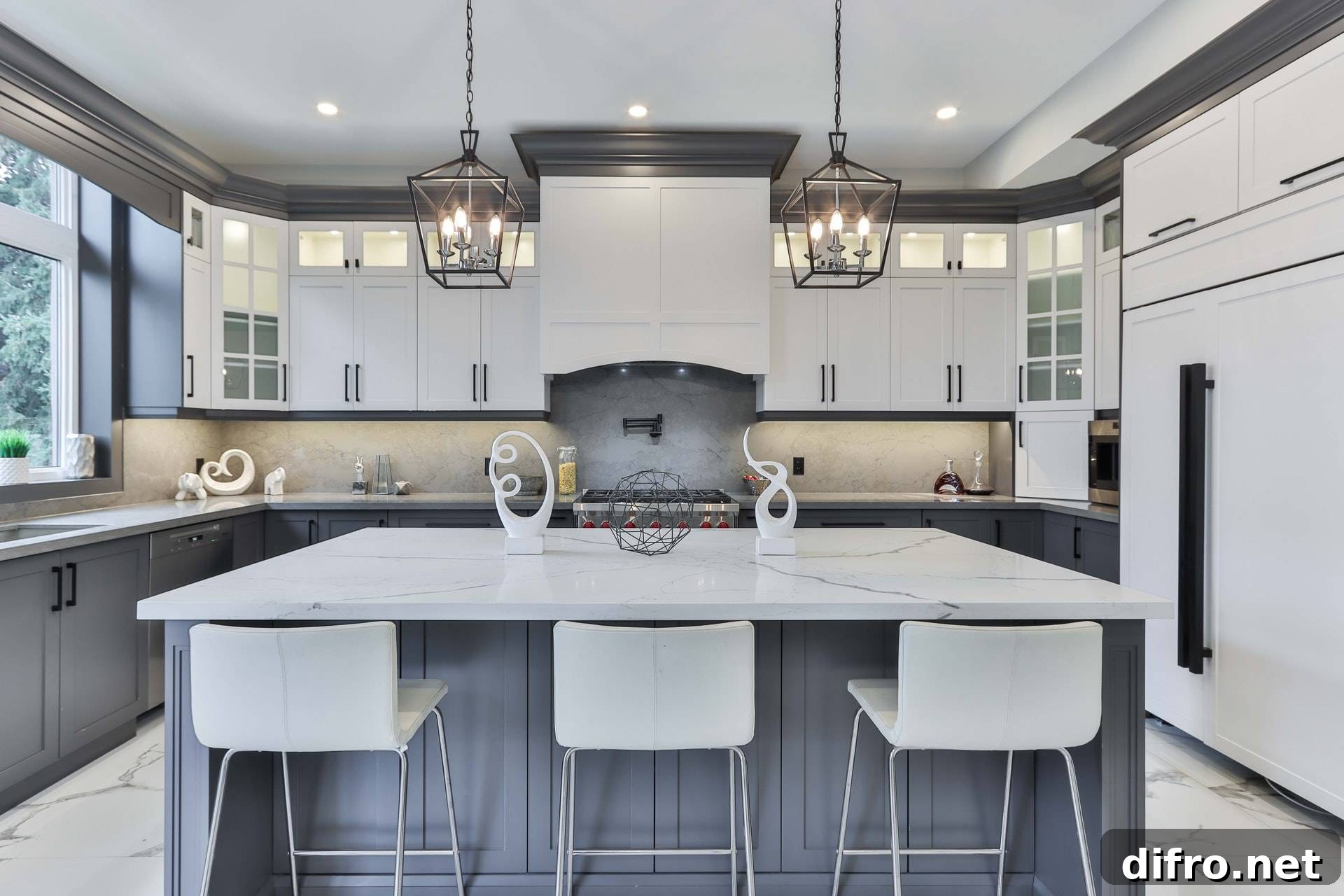 Kitchen with lantern-shaped pendant light