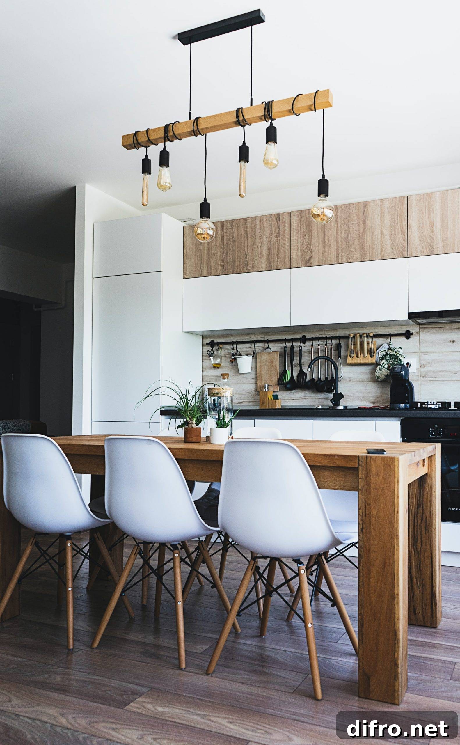 Modern dining area with a billiards-style pendant light