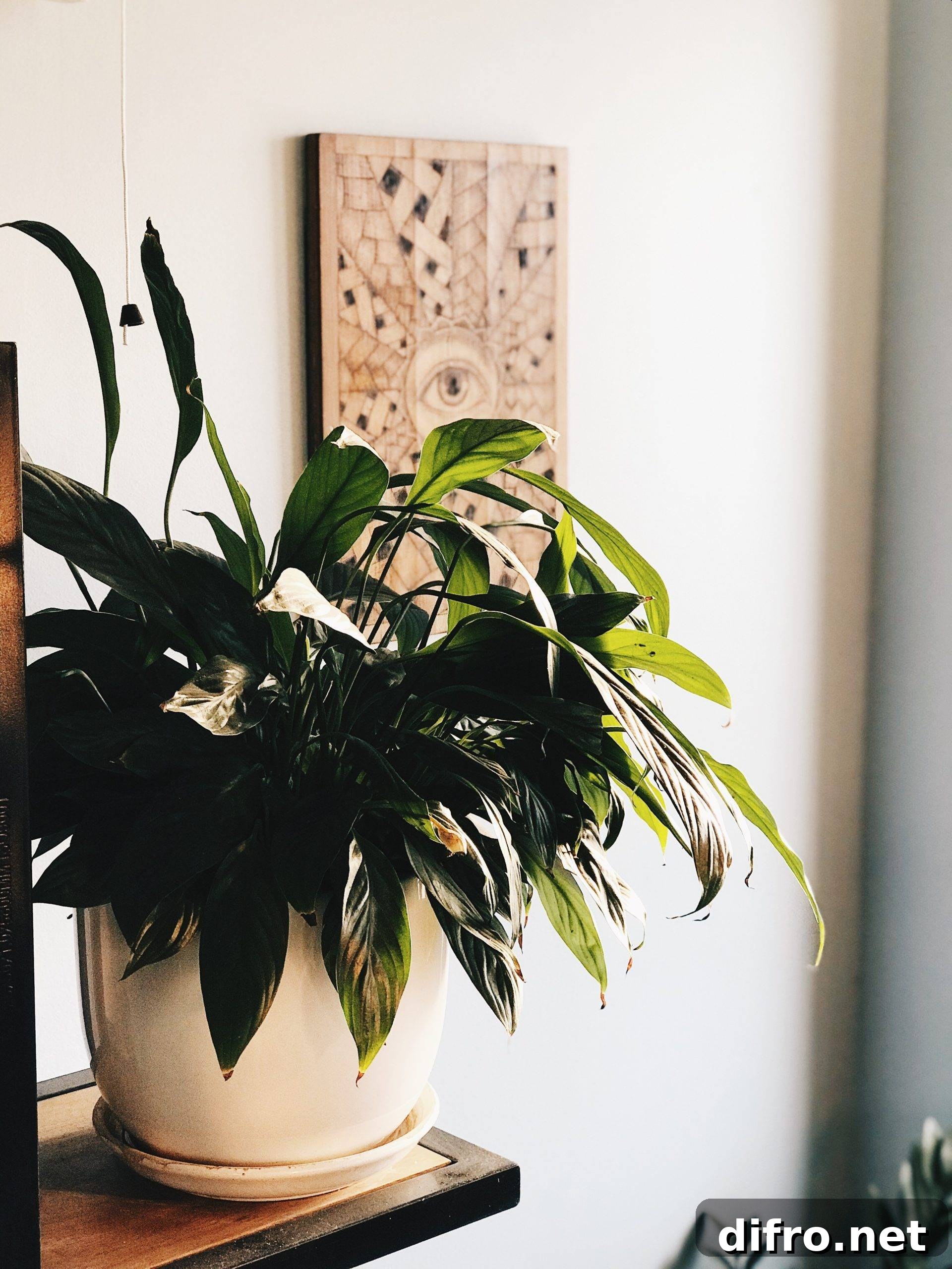 Peace lily in pot on nightstand