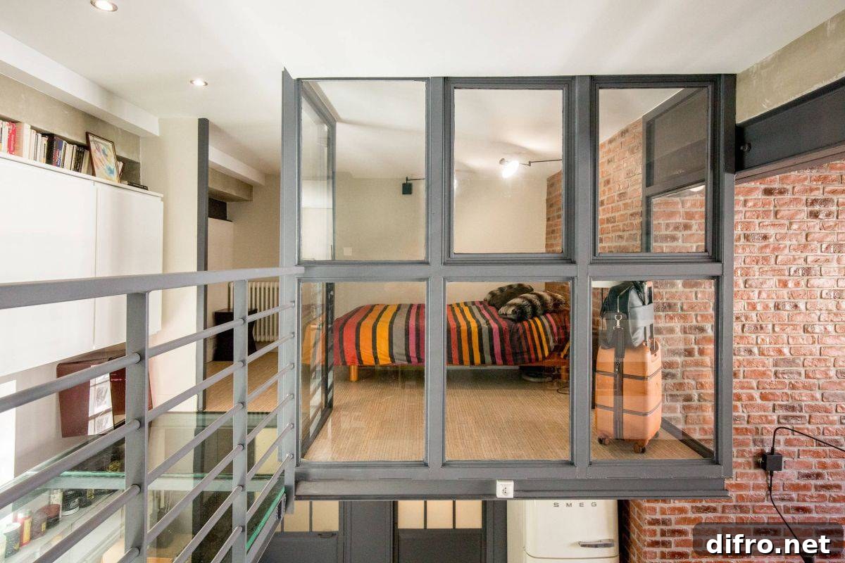 Eclectic loft-style bedroom with glass walls