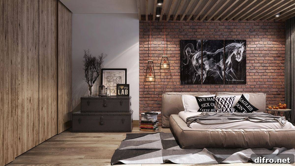 Loft bedroom with brick wall and concrete finishes
