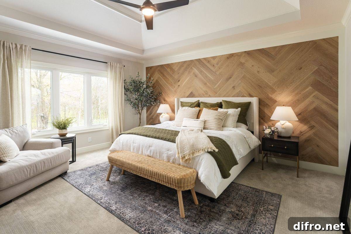 Wood and white beach-style bedroom with chevron headboard