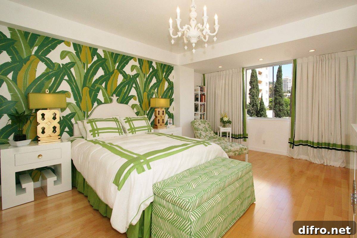 Headboard wall with leafy pattern