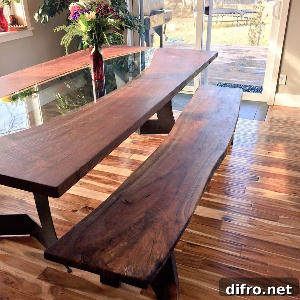 Live edge dining table with glass top