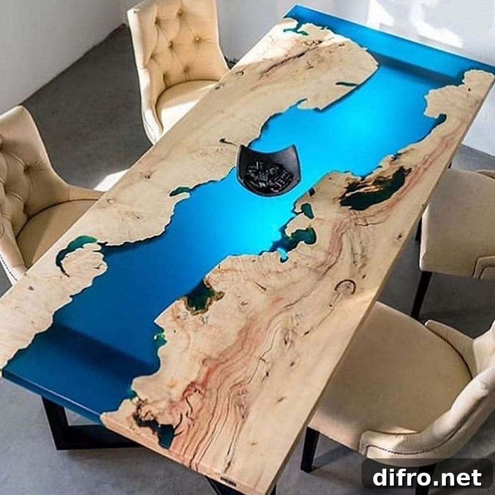 Blue resin table with natural wood, ocean-inspired