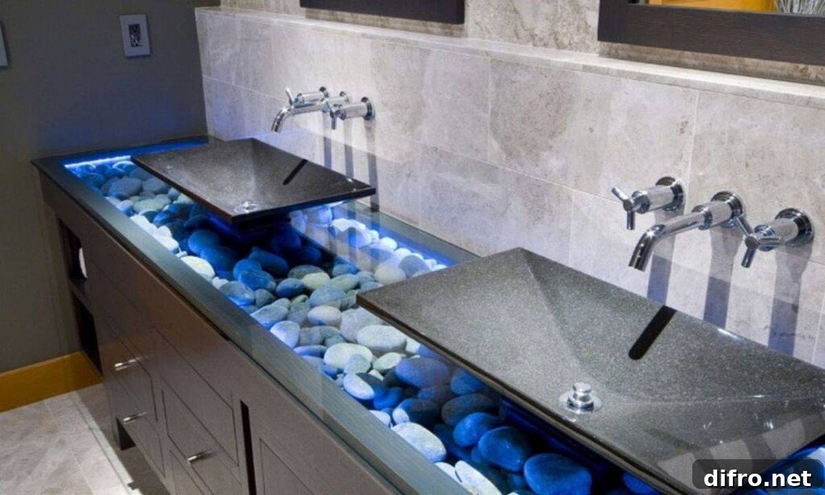 Illuminated river pebbles around bathroom vanity