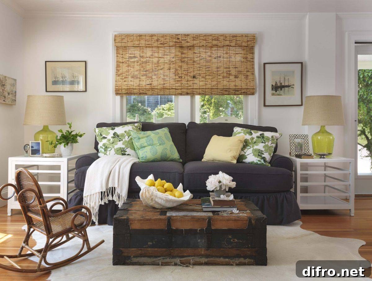 Beach style living room with vintage trunk coffee table