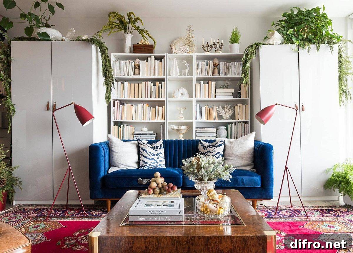 Blue couch and lush greenery in living room