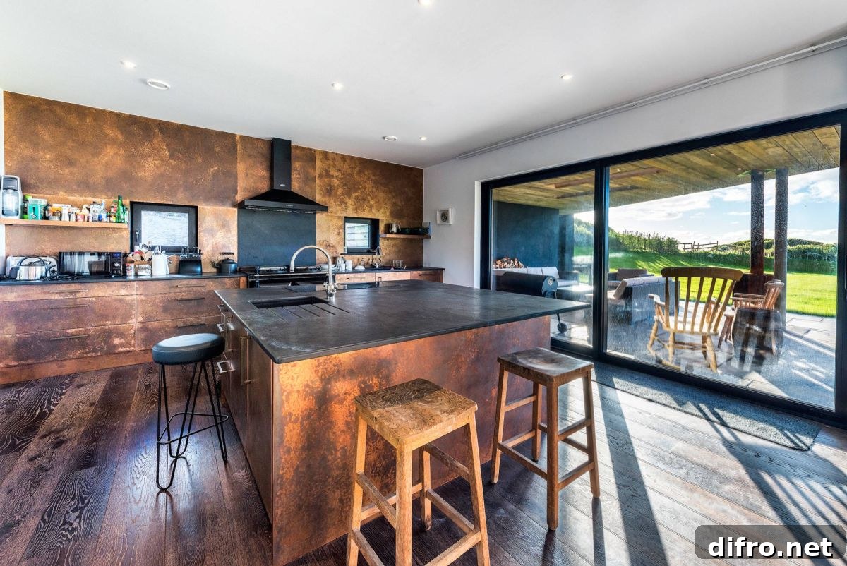 Copper island and backsplash in kitchen