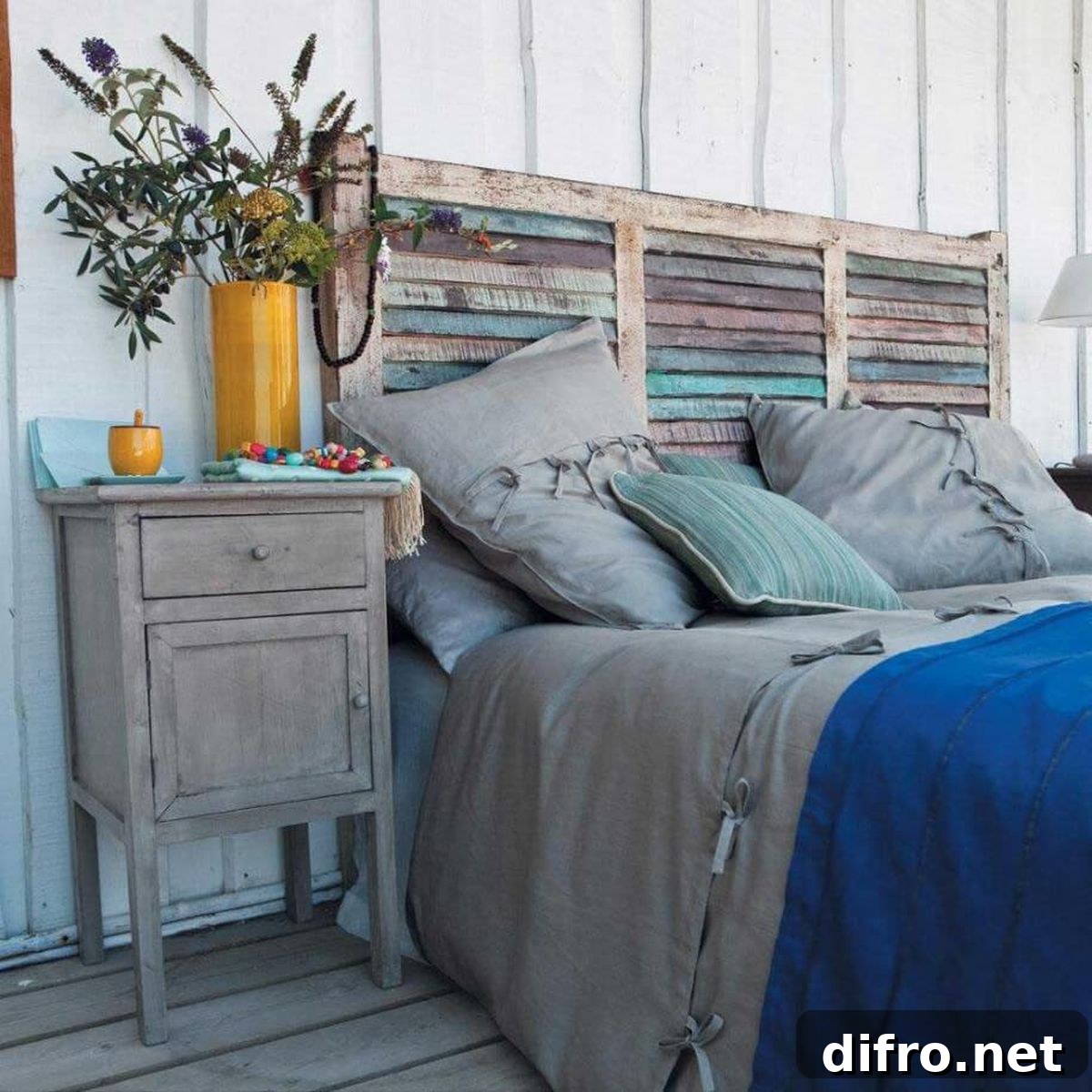 Repurposed window shutters as DIY headboard