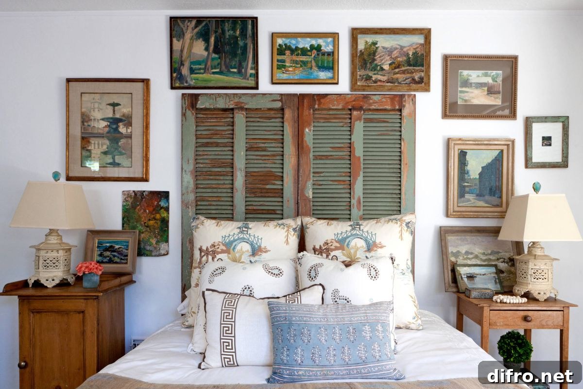 Old shutter headboard in small bedroom