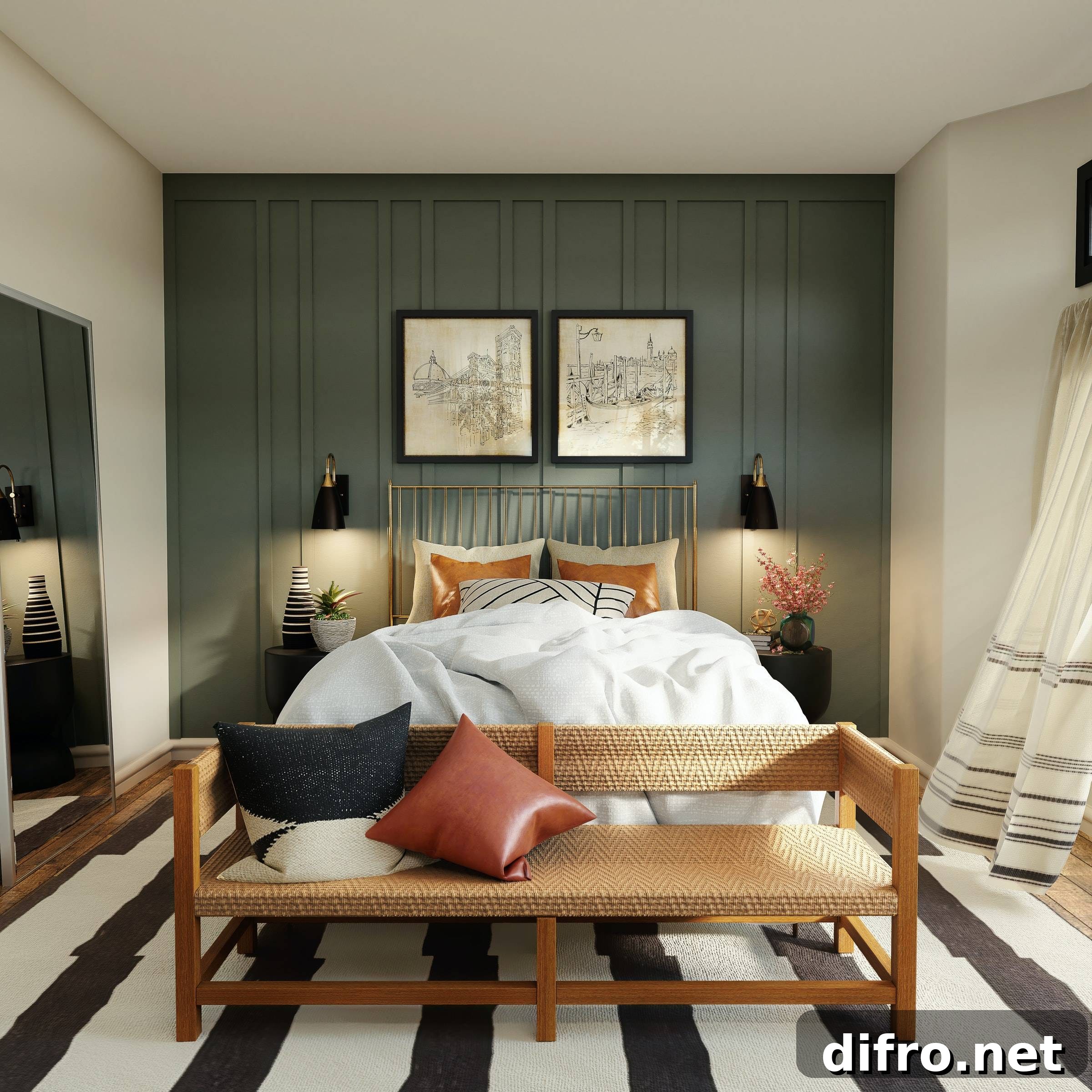 dark green batten board accent wall in bedroom