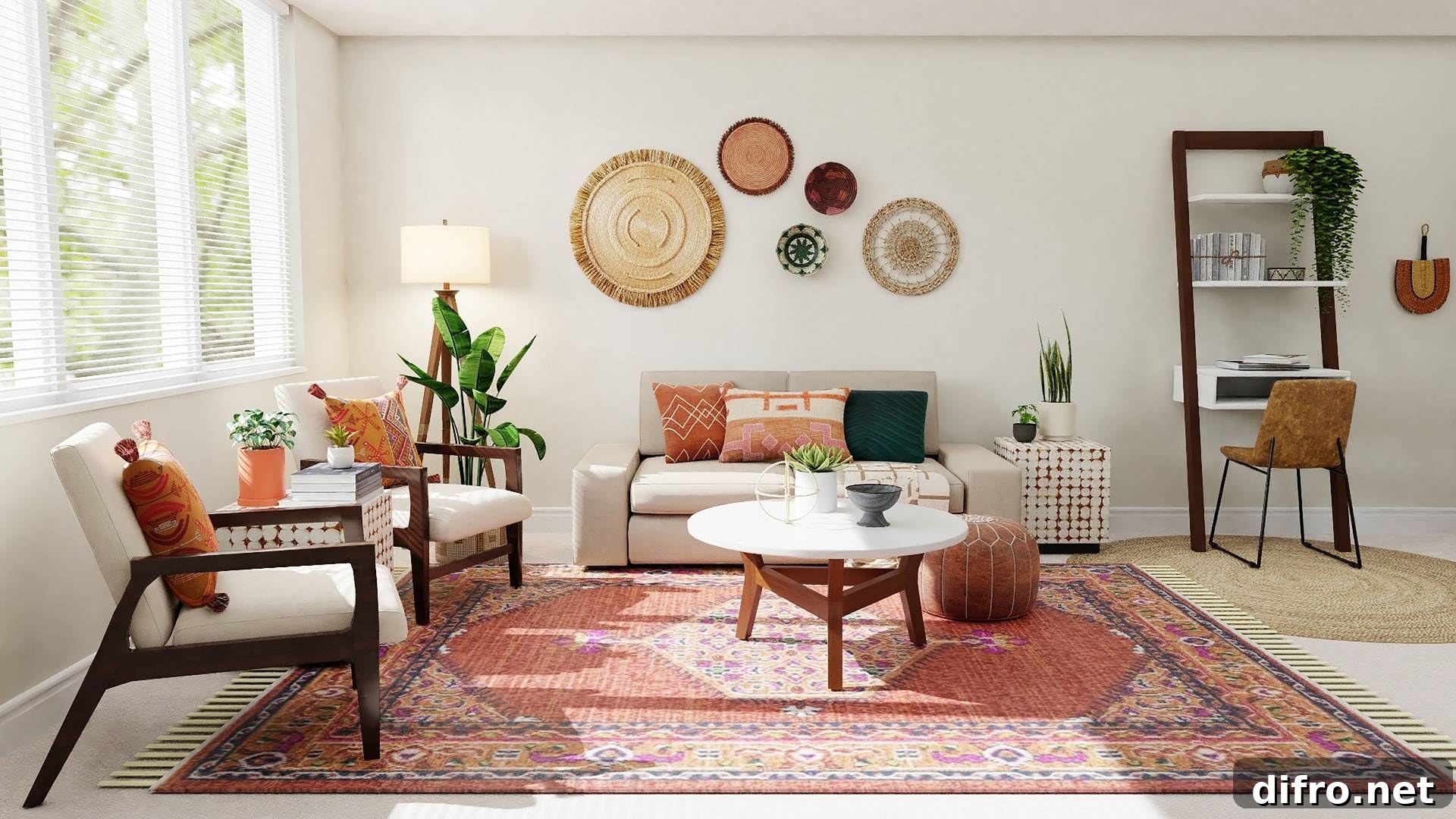 living room with pink and red accents, with lots of plants