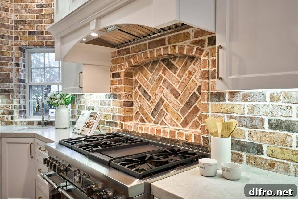 Exposed brick backsplash for rustic appeal