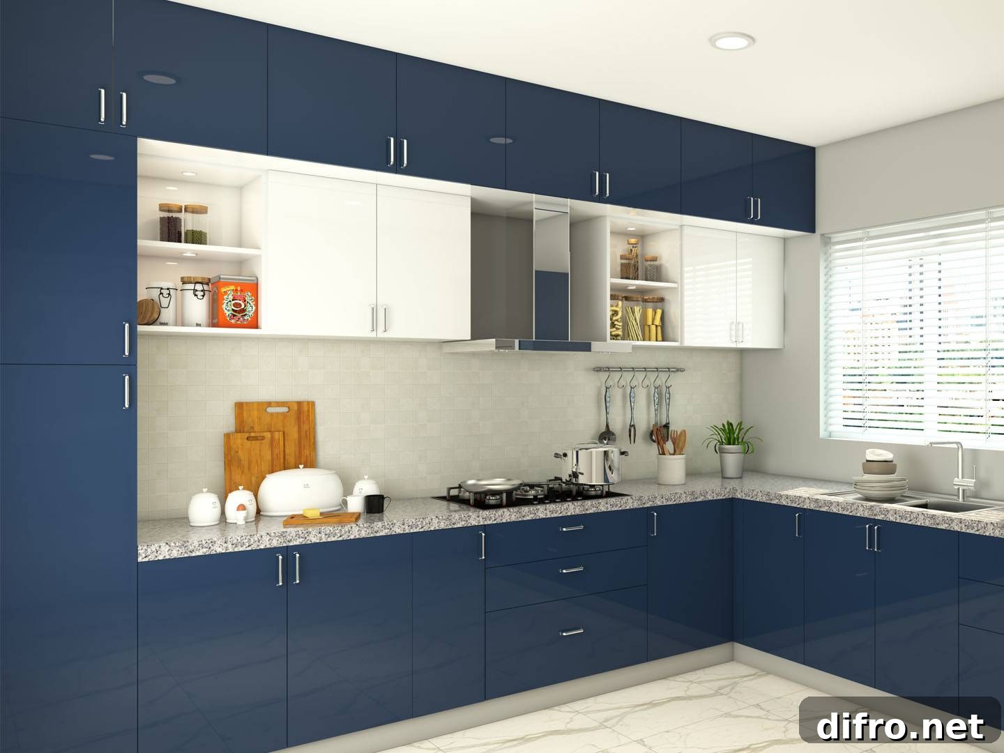 Deep blue cabinets with white cupboards