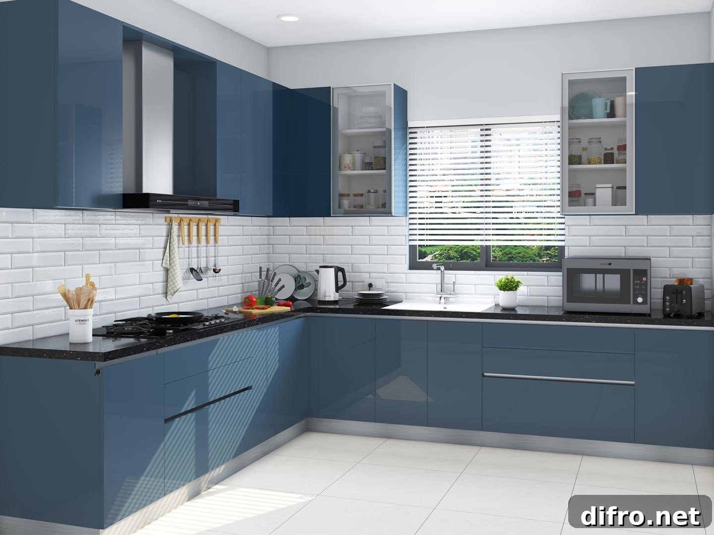 Deep blue modular kitchen with subway tile