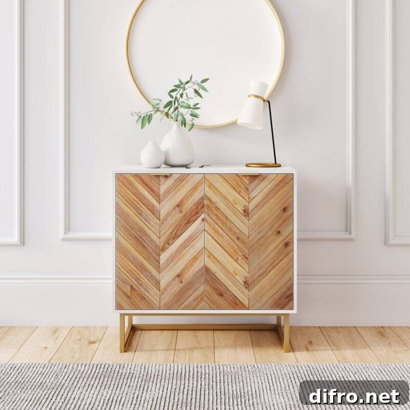 Rustic two-door accent cabinet with herringbone design