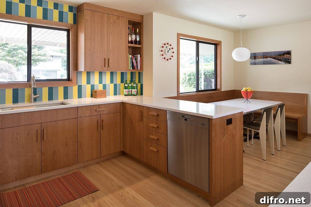 Colorful vertical tile backsplash in an eclectic kitchen