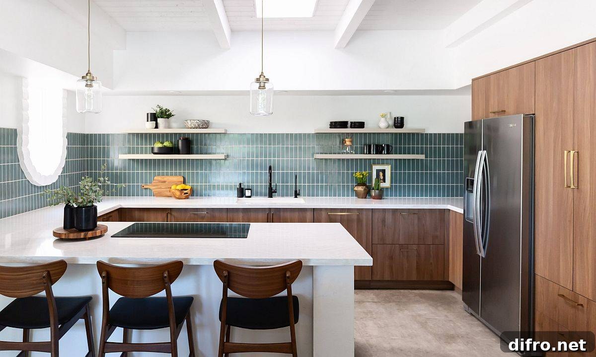 Bluish-green vertical backsplash in a contemporary kitchen