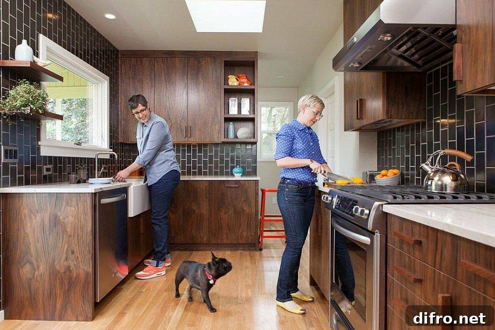 Deep brown vertical tiles paired with dark wood cabinets