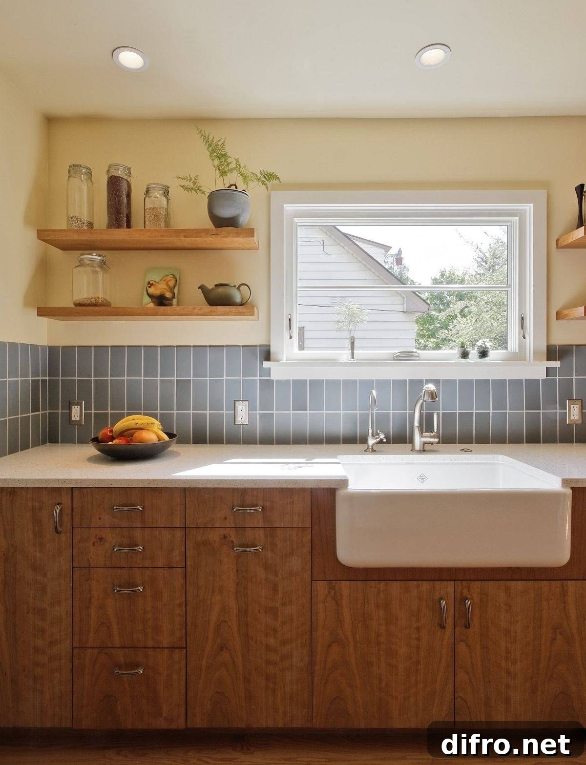 Light blue vertical subway tile in an understated kitchen