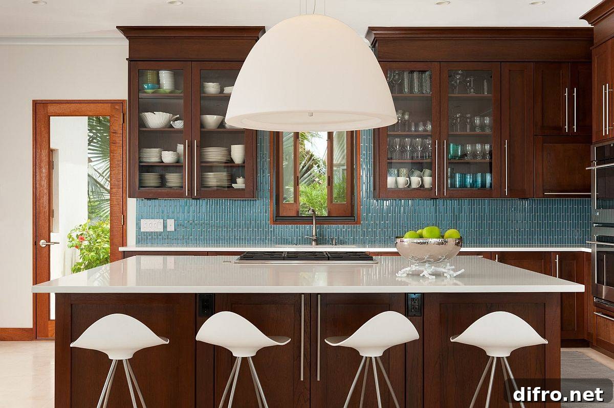 Slim blue vertical tiles forming an elegant backsplash