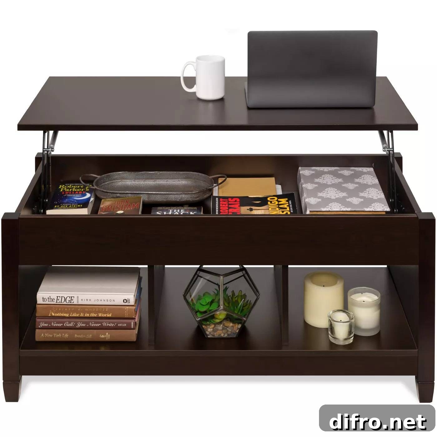 Lift top coffee table with storage cubbies and hidden compartments
