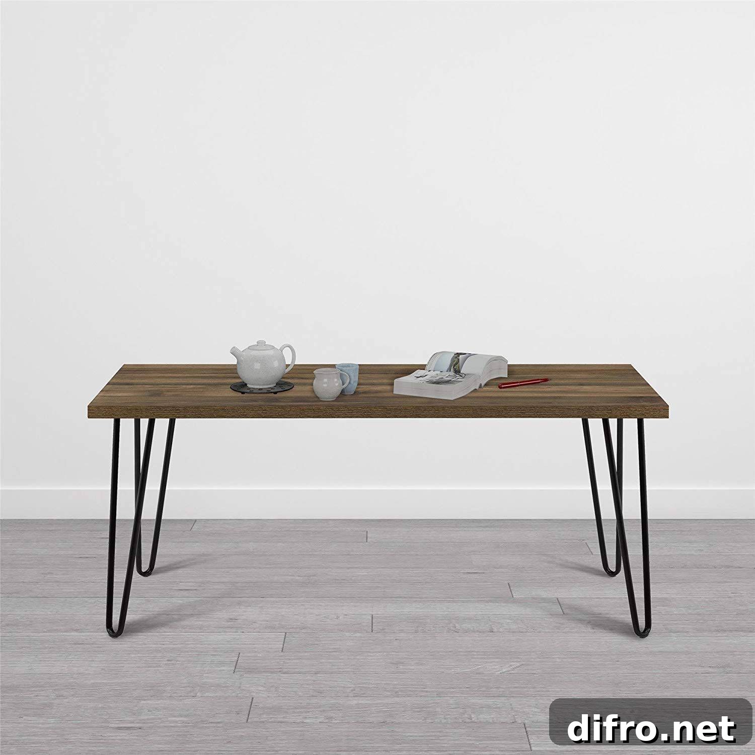 Heywood coffee table with dark oak top and hairpin legs