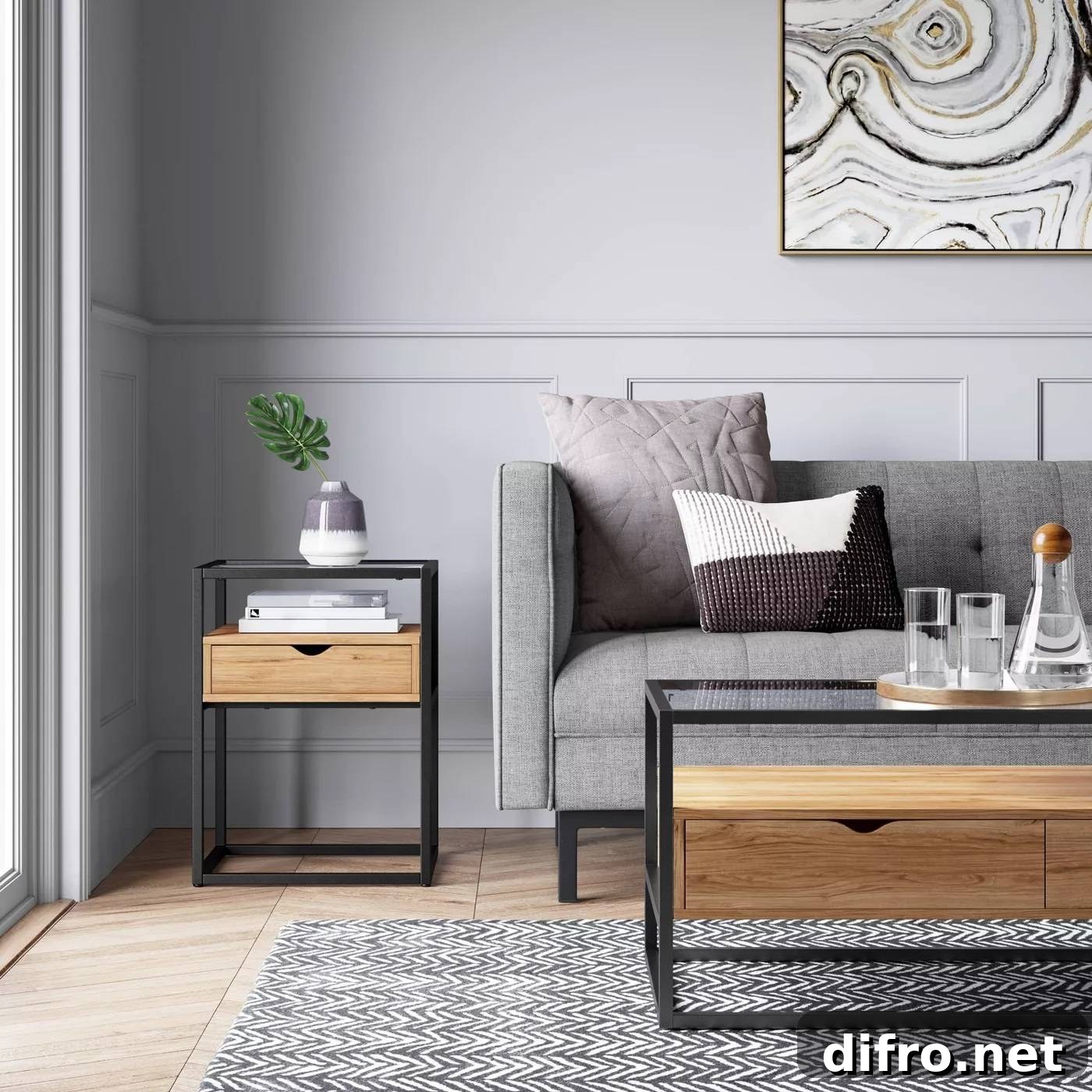 Ada mixed material coffee table with glass top and drawer