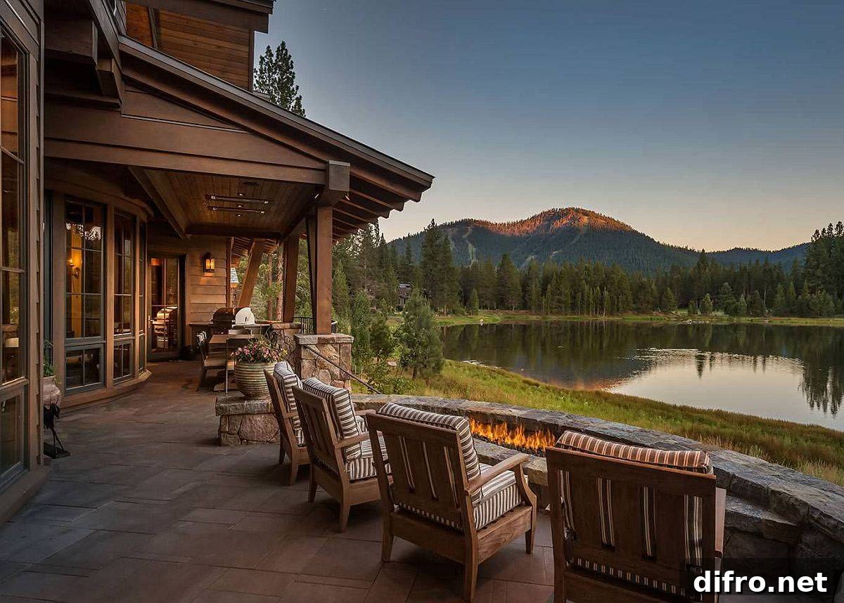 Rustic deck with fire pit near mountains and pond