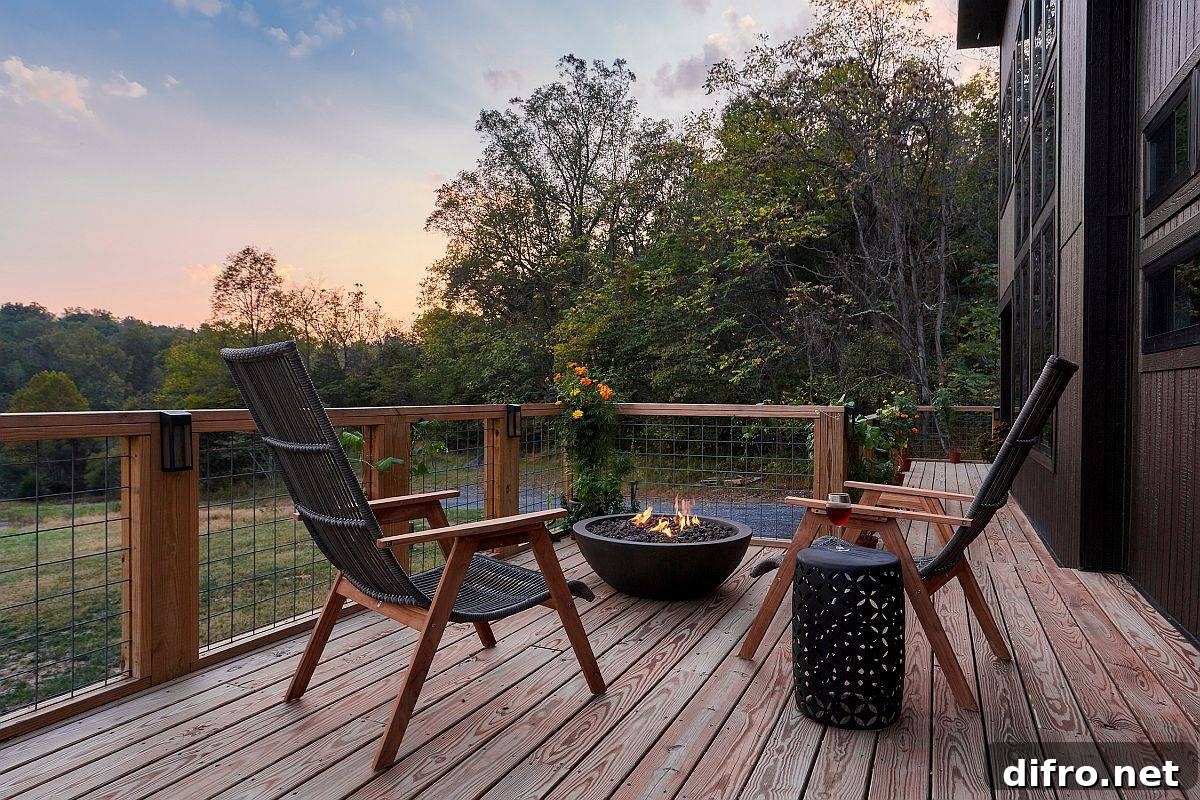 Small rustic deck with chairs and small fire pit