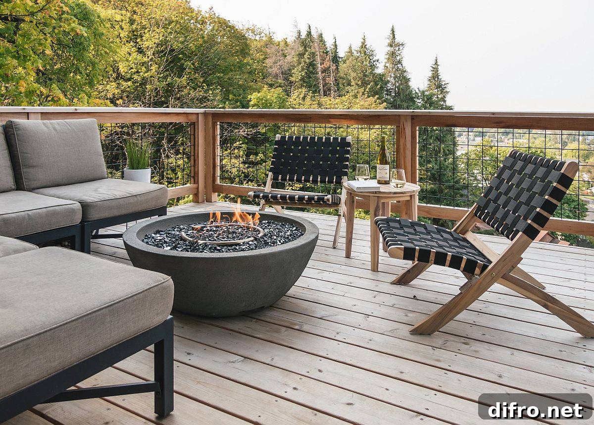 Deck with fire pit as focal point in a lush setting