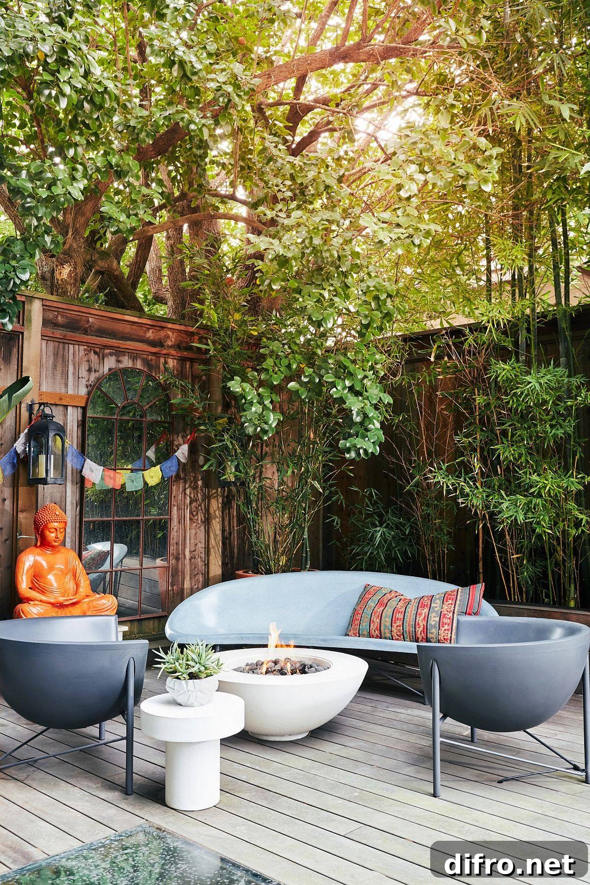 Small wooden deck transformed into a meditative nook with fire pit