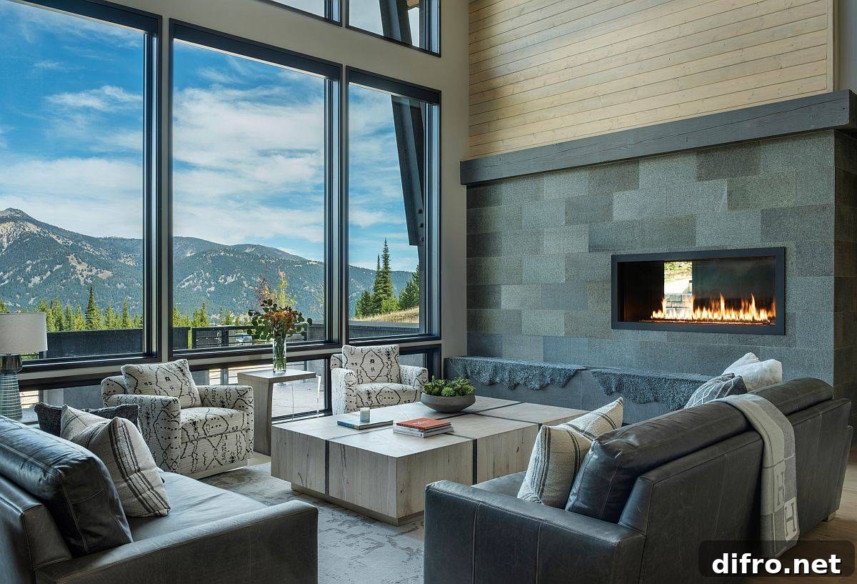 Rustic living room with large glass wall and mountain view