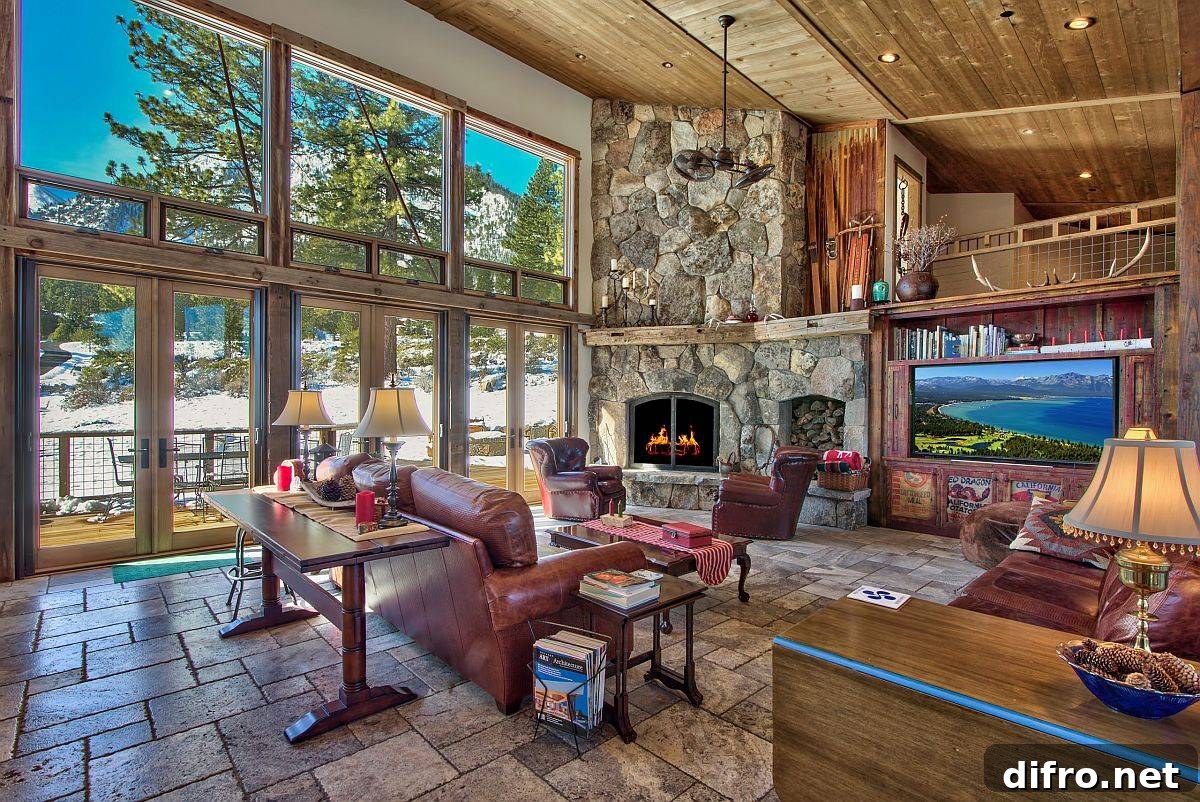 Balanced modern and rustic living room with glass and wood