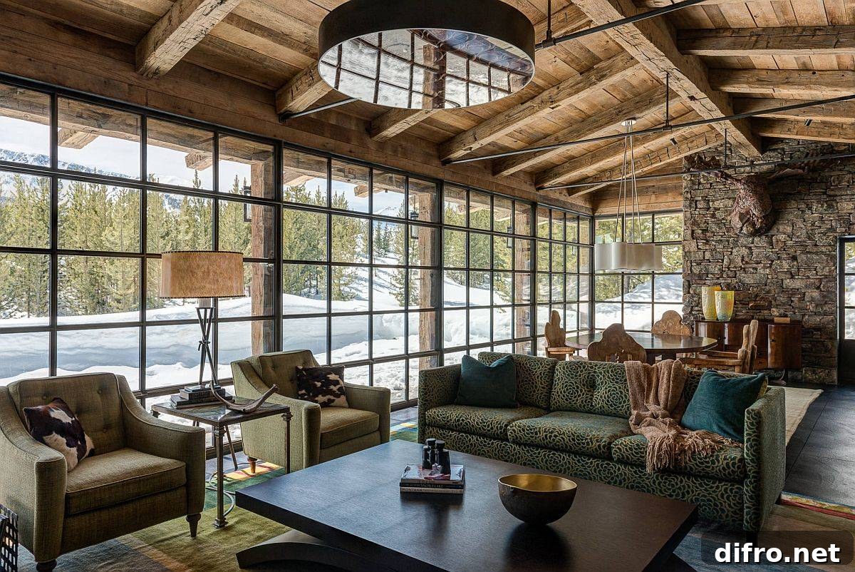 Glass used alongside wood and stone in a rustic living room