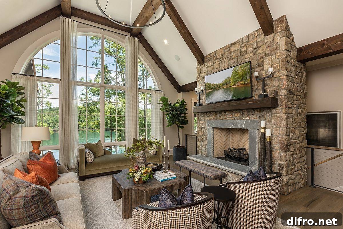 Small modern-rustic living room with stone fireplace and view