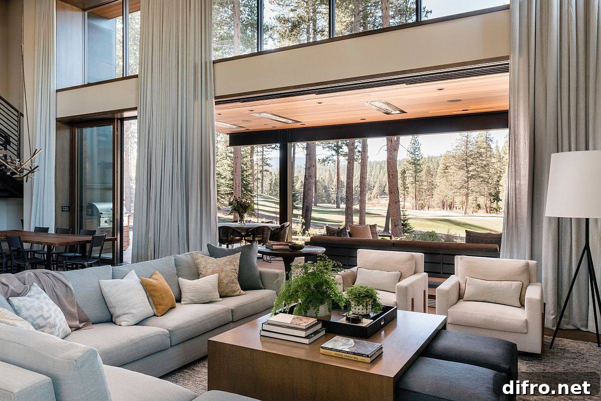 Bright modern-rustic living room with golf course view