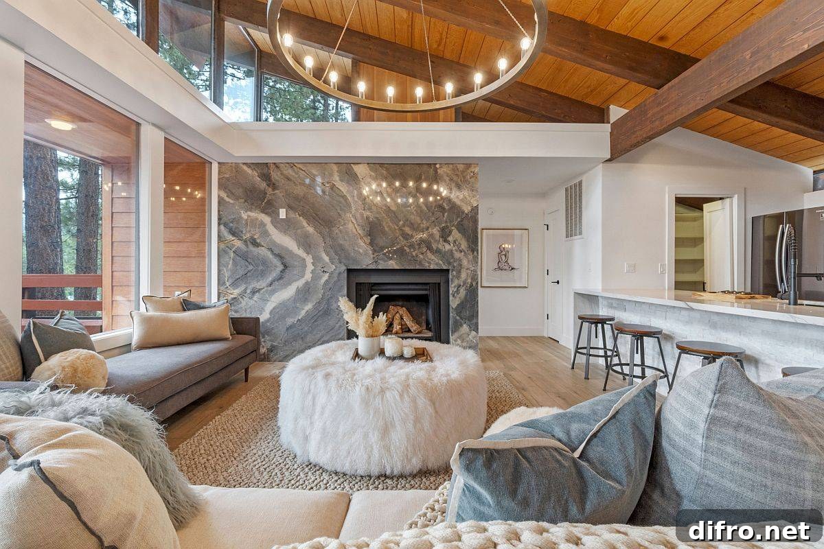 Contemporary rustic living room with unconventional stone use
